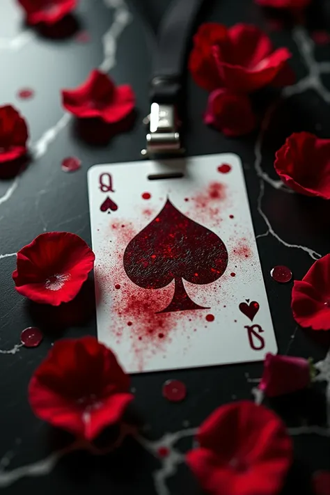 Develop an image.

"A crimson-stained student ID card lying on black marble, partially covered by playing cards and rose petals. One card – the Queen of Hearts – is splattered with ink that looks suspiciously like blood."