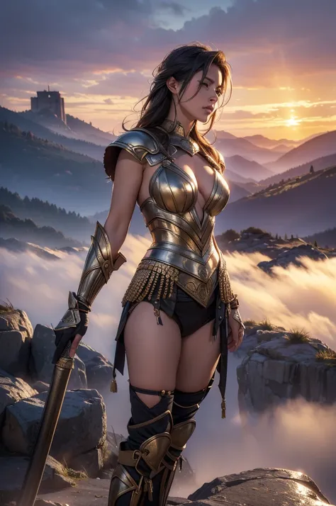 a woman in a gladiator outfit facing a town, standing on top of a platform above, dawn lighting, highly detailed, cinematic lighting, dramatic atmosphere, volumetric lighting, fog, (realistic,photorealistic,photo-realistic:1.37), tall mountains in the back...