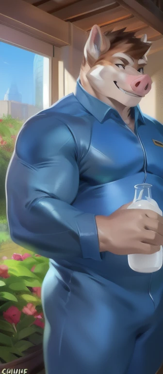 Solo, male, standing, Garden Room,Hold the reproductive organs and massage vigorously until the semen is released into milk and fill a large number of baby milk bottles. pig, blue military spacesuit, overweight, muscular, smirking, by chunie