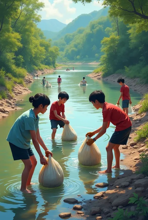 Thai youth collect rubbish in river


