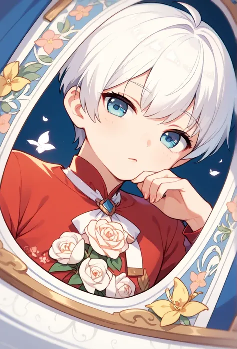  cute chibi boy，Red ,Solo boy,red shirt,short Hair, High Resolution, Anatomically Correct, Simple background, Close-Up, Illustration, Art Nouveau, Bangs, High Resolution, Detail, Best Quality, High Details, lili flowers,white Hair, , Dutch Angle, 