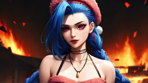  1girl, Jinx ( League of Legends ), One,  long hair ,  looks at the viewer,  ulybka, has,  Jewelry,  bare shoulders are visible,  blue hair, full-length collarbone , teeth, necklace,  pink eyes , necklace, portrait,  red headdress , santa has,  fur headdre...