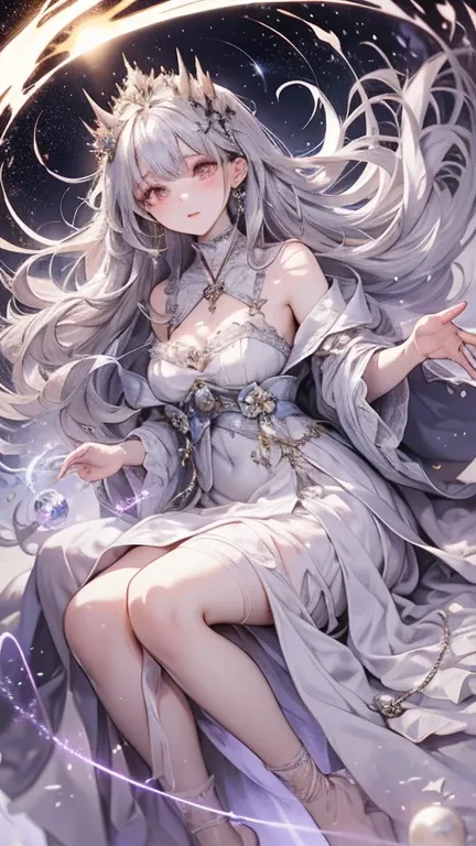 masterpiece,  amazing, single, 1 person,  beautiful woman,  young people  ,  teenager ,  wizard , Slimming,  fairy ,  Silver Hair,  long hair, Gray pupils,  Floating ball of light  , white Robe, Robe, relax, Desert detailed background