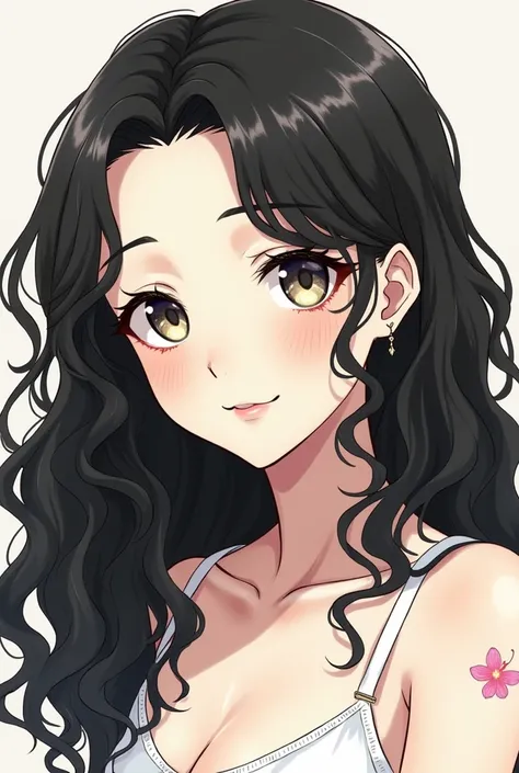 (sketch) Kindly create a girl whose face is heart shaped, curly hair, with a butterfly tattoo on the neck left part. Make it like an anime sketch make rge hair longer and color black portrait