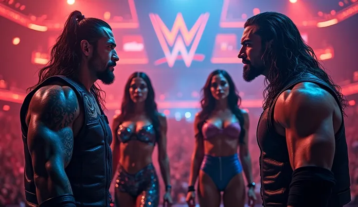 "A dramatic WWE thumbnail featuring Roman Reigns and Sami Zayn on one side of the wrestling ring, showcasing their intense expressions and signature wrestling attire. On the opposite side, three beautiful women stand confidently, dressed in eye-catching ou...