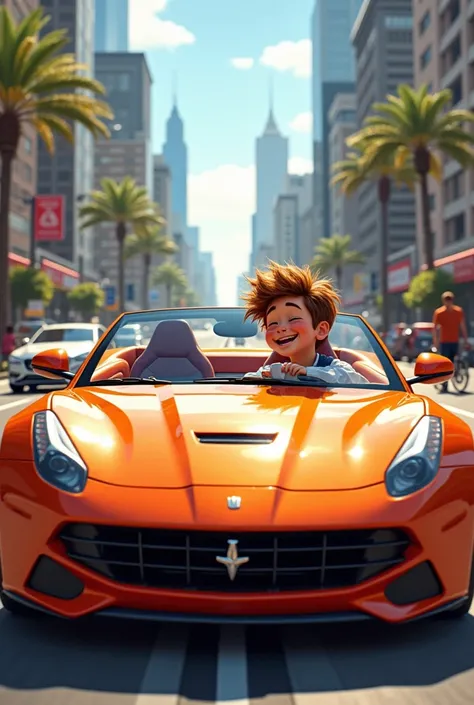 Convertible sports car in the middle of the city with a laughing haired boy drinking coffee is driving it