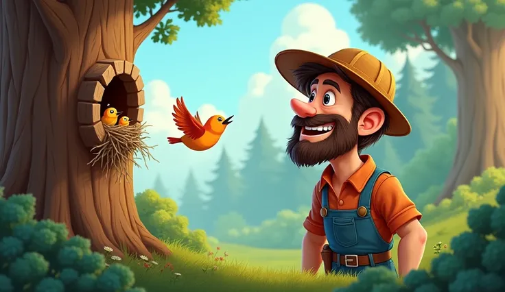 The lumberjack cutting a tree, a small bird with bright feathers flying toward him, pointing to a nest with baby birds on the tree.cartoon
