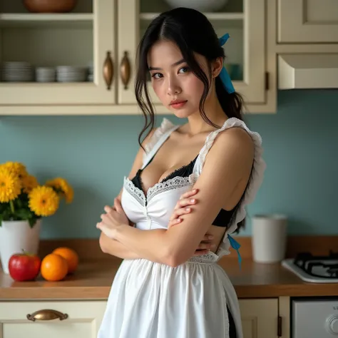 A thai woman 20 years old look at camera, posing in a kitchen setting with a slightly retro or classic vibe. She is wearing a white apron with lace,naked which resembles a maid outfit, adding a playful, stylized element to the scene. The apron is paired wi...