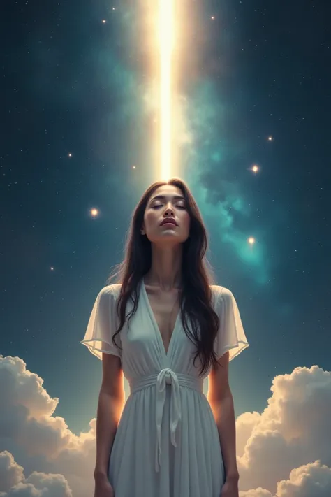   A girl with long dark hair looks fashionable white dress with a modest neckline,   with her eyes closed   , stands facing ,  conducts a craniosacral therapy session for a girl against the background of the Universe . Above,  A ray of light enters the top...