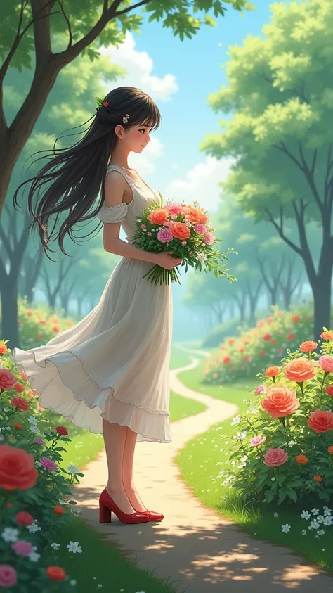 A beautiful woman picking flowers in an anime garden 