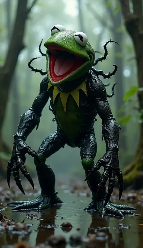  A hybrid creature that combines Venom and Kermit , the toad, de The Muppets.  This fusion has the body shape and posture of Venom ,  but skin is consumed by shiny black symbiont material ,  forming organic armor and pointed tendrils that wriggle around hi...