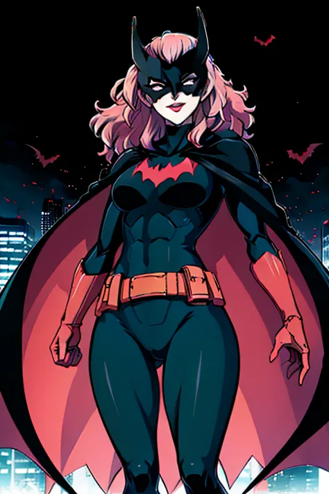 , 1girl, solo, sliver long cape, sliver cloak, mask, belt, blue eyes, superhero, long hair, lipstick, batwoman, park, smile, sta...