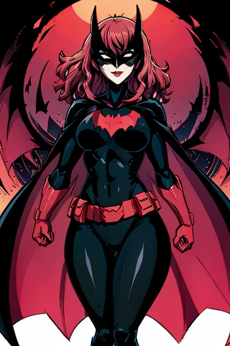 , 1girl, solo, long cape, cloak, mask, superhero, long hair, lipstick, batwoman, park, smile, standing, (cape covering whole bod...