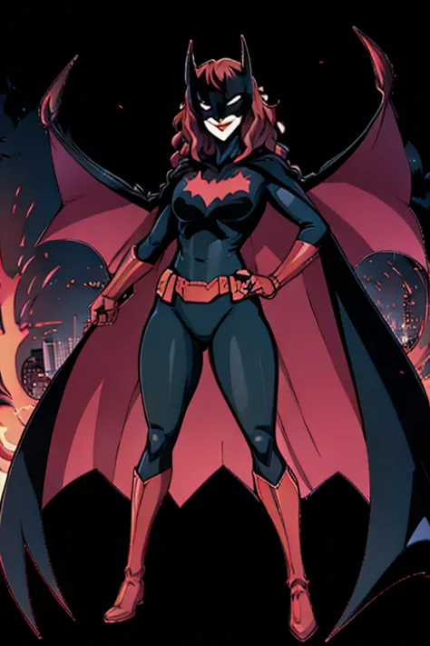 , 1girl, solo, long cape, cloak, mask, superhero, long hair, lipstick, batwoman, park, smile, standing, (cape covered full body)