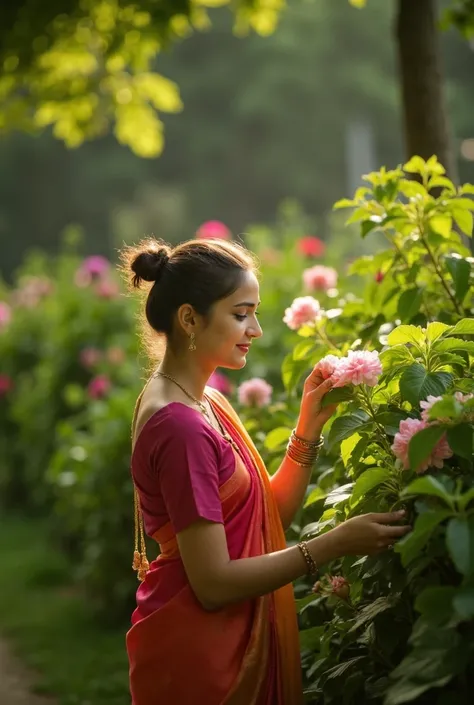 A photo of a woman in saree in a garden plucking flowers, scene is cinematic, the girl is side faced with a smile, the garden is lush green, deep shade of green, saree is light pink and white, 3/4 view