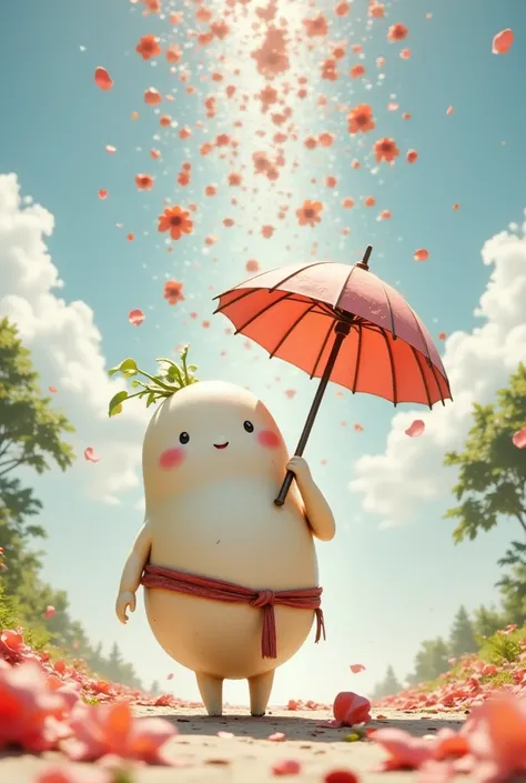 Super realistic illustration, Detailed Fantasy art, Cinema 4D rendering, Torrential rain of flower petals, A daikon holding an umbrella is looking up at the sky, low angle shot from below