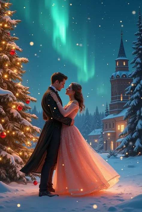 Northern lights in the night sky,a couple of girl and a guy from a transparent haze dancing a waltz in the night sky northern lights,  Winter Carnival Ball masquerade , around the Christmas tree beautiful decorations , gorgeous outfits beautiful dresses ,b...