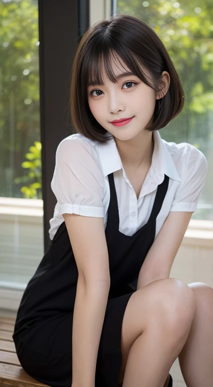  best quality,  RAW photo,  ultra high resolution with forest background,  old Korean,  Very Big Round Breasts , Shiny black hair,  bob cut,  shortcuts, Bangs, Small underwear,  Simple Hair Accessory,   beautiful eyes , Very Thin Mouth , smile,,  beautiful...