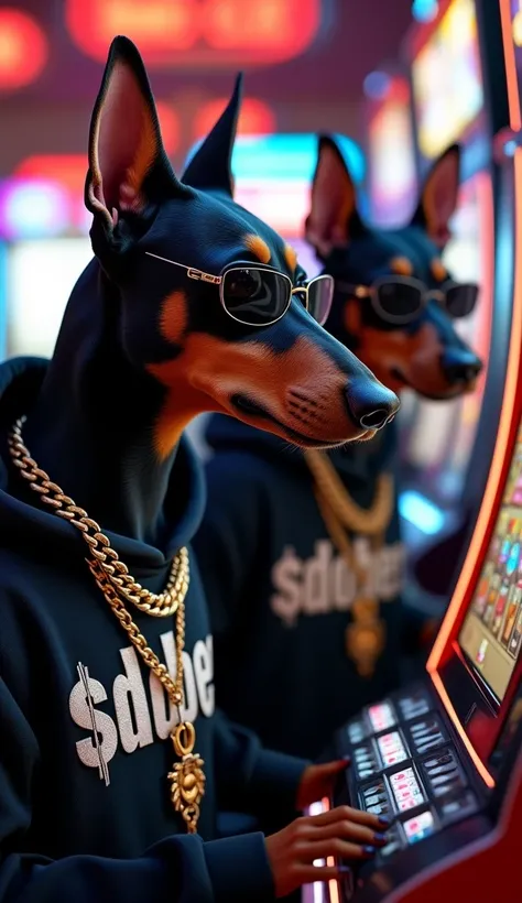 Hyperrealistic dobermans at casino a slotmachine Zoomed our. black hoodie with text "$DOBER" ( font: lava pro rough color white) sunglasses and big golden necklaces. Hyperdetailed. 
 
