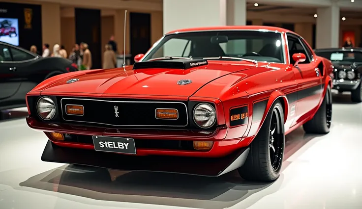 Close stirght Front view view of painted RED  with shiny clour 1970 Shelby GT 350 sleek in large shape sedan in large size with Shelby  logo on its large detailed grille in shiny white clour with angular sporty design captured from close stirght front  vie...