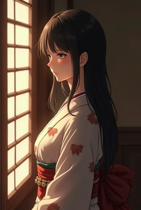 A 17-year-old Japanese woman with long, dark hair. She is wearing Taisho period style kimono, 32-inch bust. She gazing out of the window, surrounded by soft, warm light, delicate folds on her clothes, subtle facial expression, and a sense of melancholy in ...