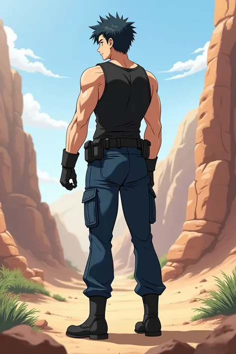 Adult military man measures 1. 80 meters tall with fairly short black hair on the sides and back ,  above will have tufts pointed upwards in MUSCULOSO physique BLACK sleeveless and low-cut t-shirt, MILITARY blue pants , black military belt , Black military...