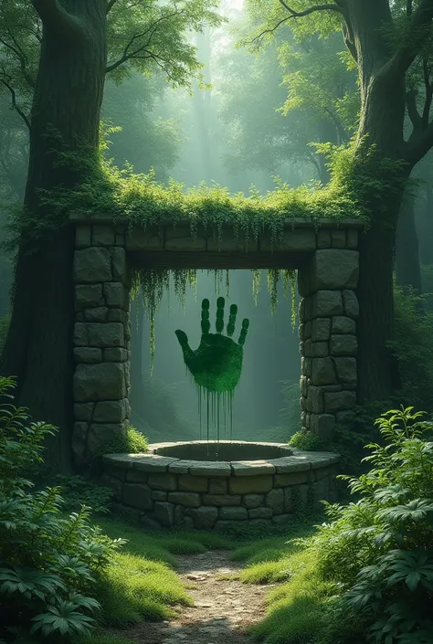 
A small open area in a dense forest with an old stone well at the center. The well is old, covered in moss, and vines wrap around its base. A green handprint is smudged on the stone wall of the well, standing out clearly against the grey surface. The hand...