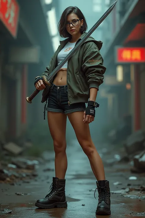  Make a woman with glasses ,  short hair model ,  holding a sword ,  using bassball jacket outfit,  shorts and boots .