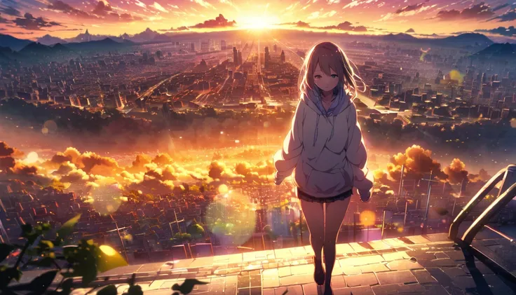 Angelic, Detail of a walking woman,  hoodie at the park on an early fall morning, 女性の上にAngelic輪がある, city, road,  sunrise,  horizon , In the sky, city of clouds,  lens flare ,  colorful ,  high definition , 8k