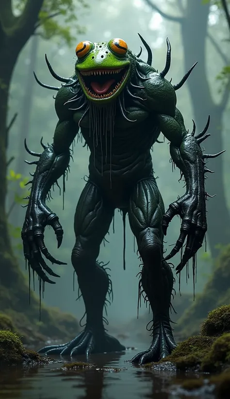  A hybrid creature that combines Venom and Kermit , the toad, de The Muppets.  This fusion has the body shape and posture of Venom ,  but skin is consumed by shiny black symbiont material ,  forming organic armor and pointed tendrils that wriggle around hi...