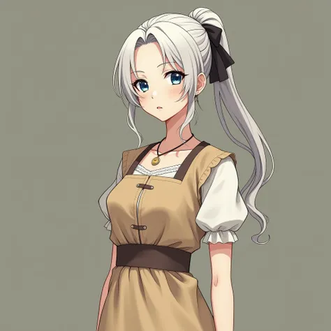 an anime tennager girl  Hair: Long and snow-white, tied in an elegant ponytail with a stylish ribbon, reflecting her refined and practical taste. Eyes: dark blue as like a night in south pole,. Skin: Pale and flawless, highlighting her noble origins and he...