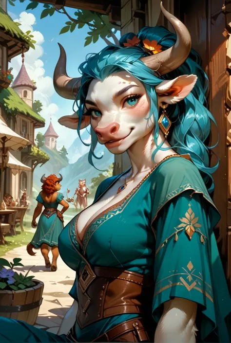 A brothel in a fantasy Bazaar full of Anthropomorphic bovine women, ((furry))