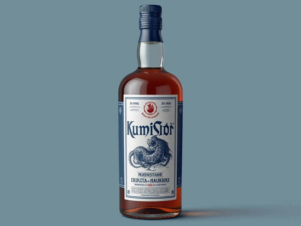 Generate image an alcohol label called "Kurwi Syn" for me. 1l bottle, 35% alcohol. The label should be inspired by the Witcher character Vernon Roche. The colors should be white and blue. At the top there should be the inscription "Za temerie". In the midd...