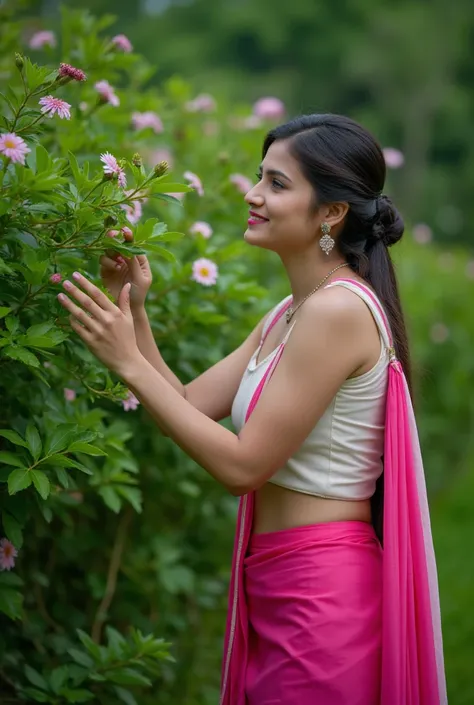 A photo of a woman in pink and white saree in a garden plucking flowers, scene is cinematic, the girl is 3/4 faced with a smile, the garden is lush green, deep shade of green