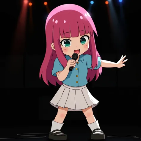 this character with pink hair, wearing a blue shirt and white skirt, performing on a music concert stage
