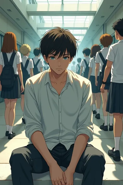 A handsome young man sitting alone, school setting, thoughtful expression, other students visible but not interacting, manga style