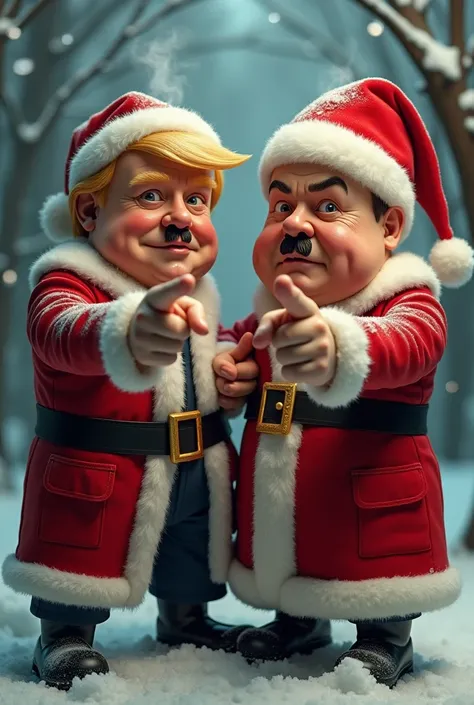 Make Hitler and Trump dressed in Christmas and snow and pointing at the camera with your index finger and a rum roll in your hand