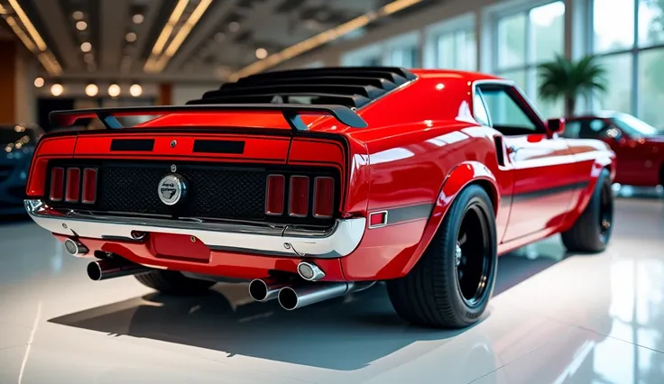 Close only stirght back view view of painted RED  with shiny clour 1970 Shelby GT 350 sleek in large shape sedan in large size with Shelby  logo on its large detailed grille in shiny white clour with angular sporty design captured from close only stirght b...