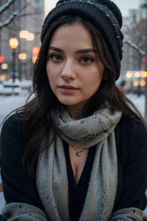 Create a very realistic beautiful woman, she is wearing necklace, sweater, scarfs and winter cap, sitting in a park, winter season, cleavage, beautiful detailed lips, detailed monolid black eyes, detailed oval face, sharp jawline, beautiful eyelashes, long...