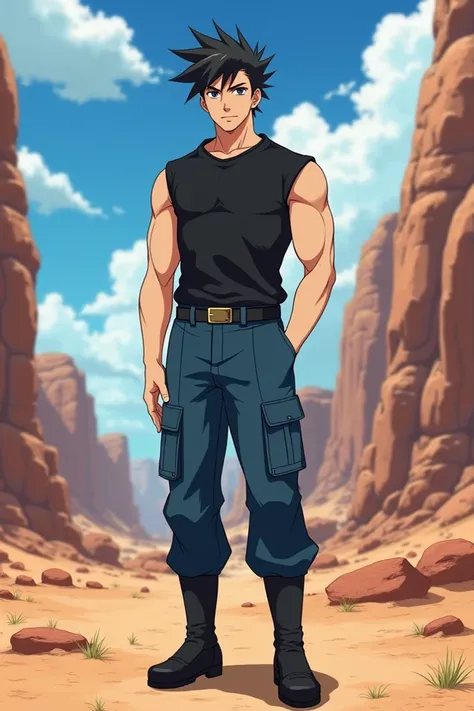 Adult mens military man measures 1 . 80 meters tall with fairly short black hair on the sides and back ,  above will have pointed tufts upwards of a MUSCULAR physique,  sleeveless black t-shirt and trimmed , MILITARY blue pants , black military belt , Blac...