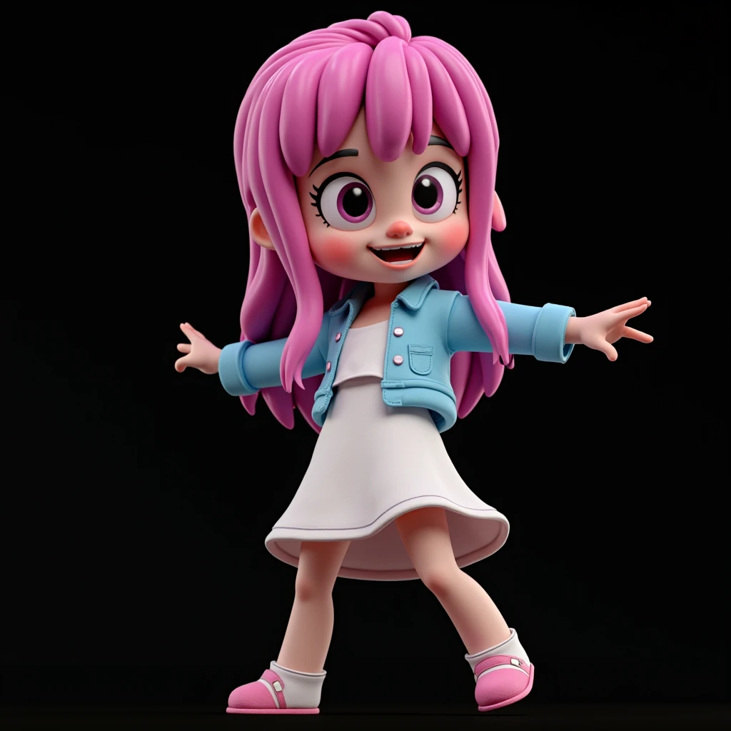 this 3D character with pink hair, wearing a blue shirt and white skirt, performing on a music concert stage
, 3D rendering, big head, cute 