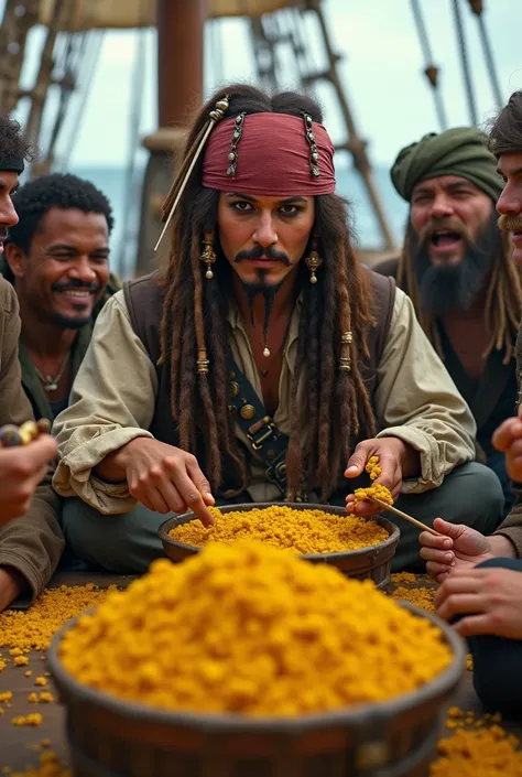 Captain Jack Sparw eat ginger with his crew and they have a treasure from ginger