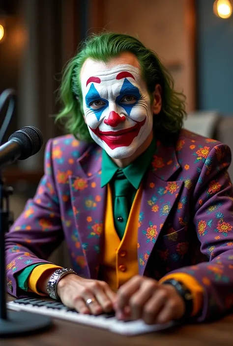 A indian men wearing joker gateup sitting in front of podcast mic.with smile