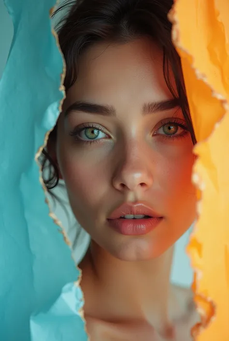 photo of a beautiful womans face, broken paper on the left , colored