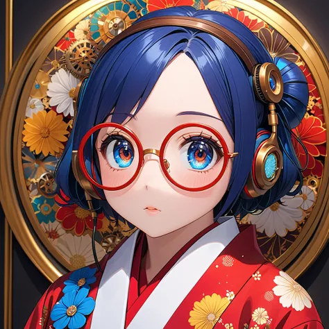 (Best masterpiece, High resolution: 1.5), (8K, RAW photo, Perfect anatomy, Golden ratio, Zoom up: 1.4), Pointillism, Professional photo, Solitary Japanese idol, (Real: 0.5), ( Close left eye: 1.5), (Floral pattern, red yukata, red glasses, steampunk earpho...