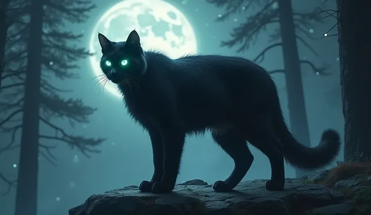 Create a highly detailed image of a tall, strong, adult magical cat known as the shadow cat. The cat should have sleek, glossy fur that appears almost black but shimmers with hints of deep indigo and violet under the moonlight. Its eyes are large and lumin...