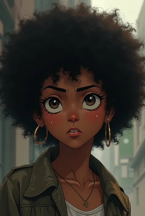 Create a girl with curly Afro hair ,  black eyes,  brown skin with a chopper personality and Dazai anime style 