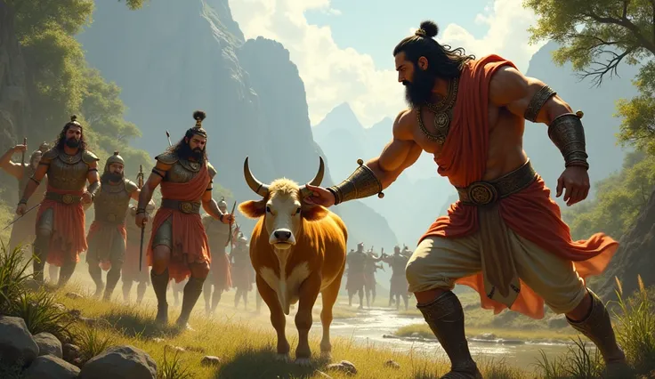 Sahastrarjun the king with heavy muscled and arm with their soldiers tried to snatch this cow by force from Rishi Kashyap 