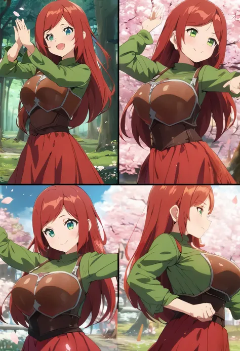 (masterpiece), Highest quality, 4k, ((anime style)), ((ultra-detailed)), 1girl, (red hair), (long straight hair:1.2), (short bangs, left-parted bangs, and right hard swept bangs:1.2). round eyes, (applegreen eyes:1.2), (large breast:1.1), (green t-shirt an...