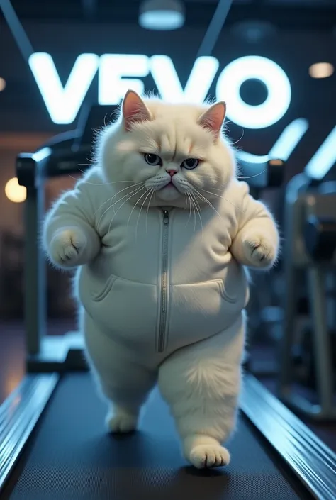 One cute white man cat  fat bellies are visible، and wearing track dress, Running hard at the gym on the treadmill and working up a sweat.
behind of his write "vevo gym" in big led.